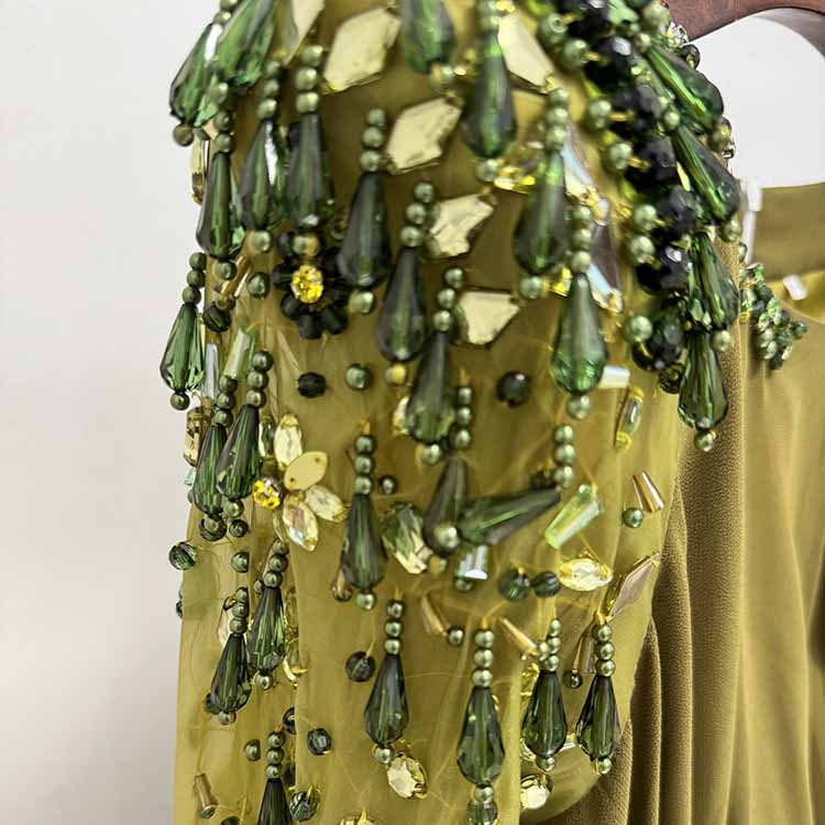 Olive Green Evening Gown Crystal Mesh Sleeve Maxi Dress