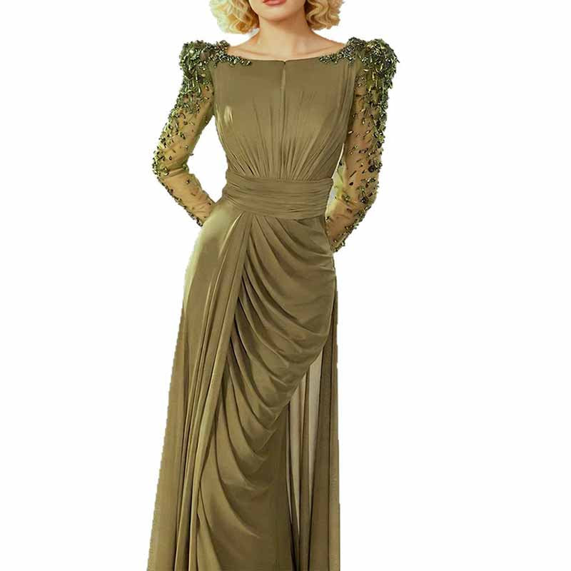 Olive Green Evening Gown Crystal Mesh Sleeve Maxi Dress