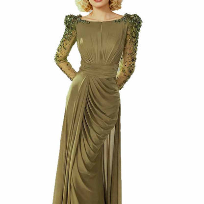 Olive Green Evening Gown Crystal Mesh Sleeve Maxi Dress