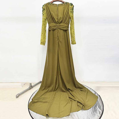 Olive Green Evening Gown Crystal Mesh Sleeve Maxi Dress