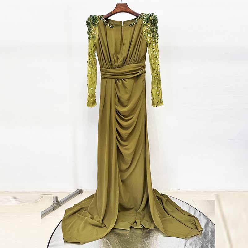 Olive Green Evening Gown Crystal Mesh Sleeve Maxi Dress