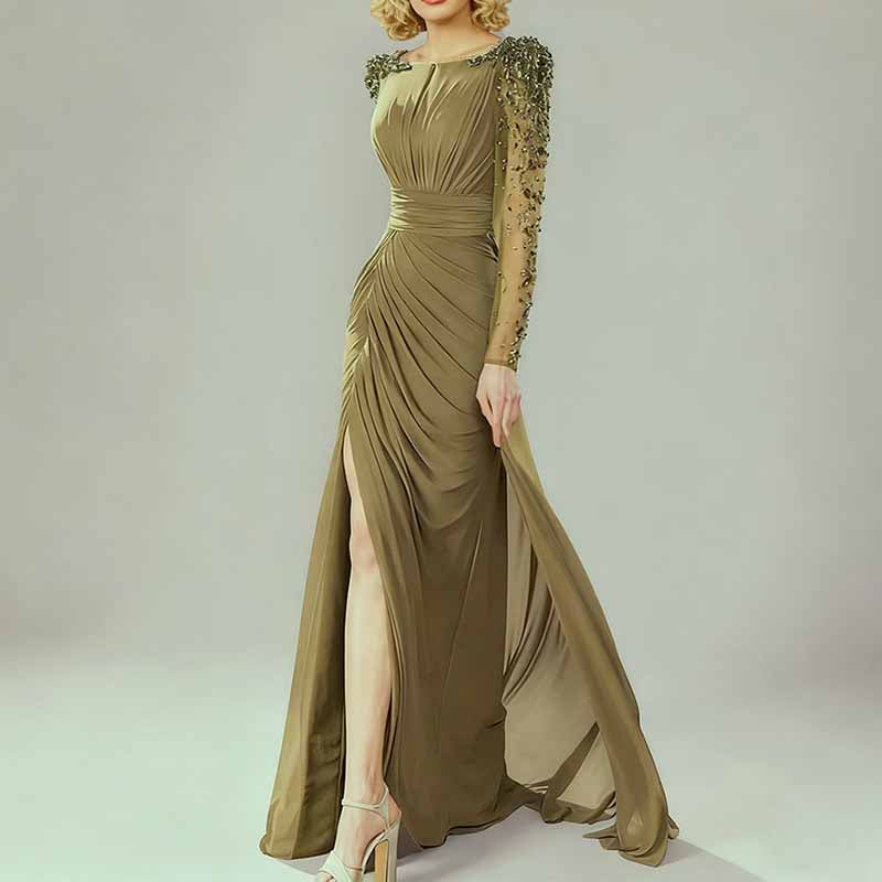 Olive Green Evening Gown Crystal Mesh Sleeve Maxi Dress