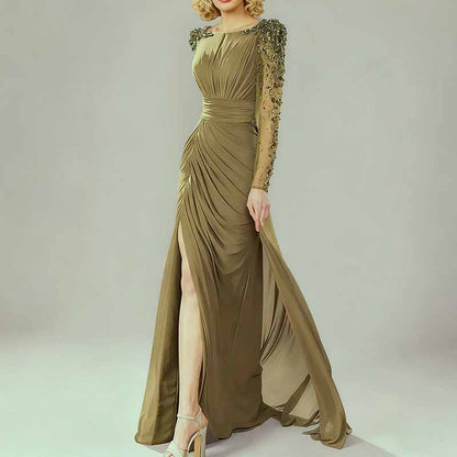 Olive Green Evening Gown Crystal Mesh Sleeve Maxi Dress