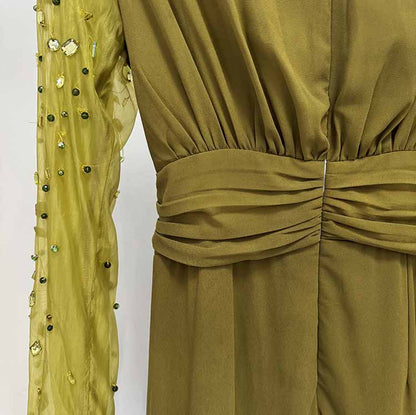Olive Green Evening Gown Crystal Mesh Sleeve Maxi Dress