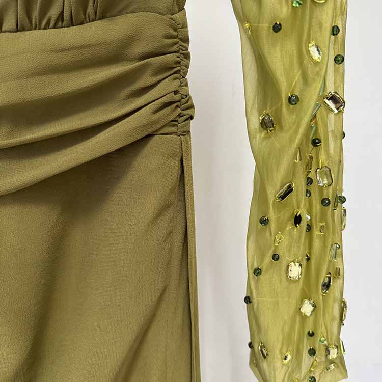 Olive Green Evening Gown Crystal Mesh Sleeve Maxi Dress
