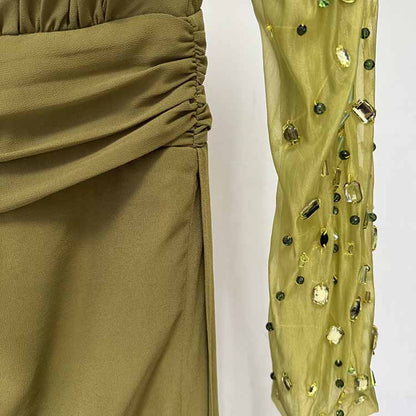Olive Green Evening Gown Crystal Mesh Sleeve Maxi Dress