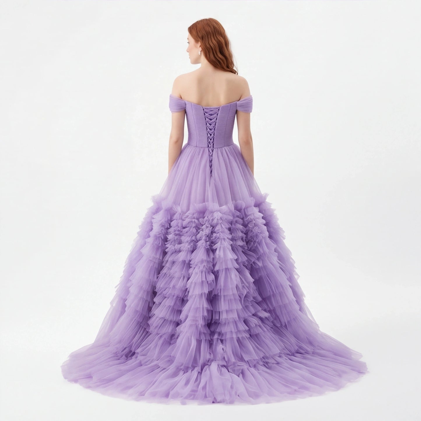 Off Shoulder Tulle Ruffle Prom Dress with Sweetheart Neckline