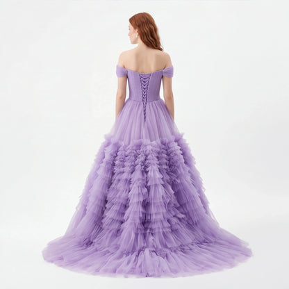 Off Shoulder Tulle Ruffle Prom Dress with Sweetheart Neckline