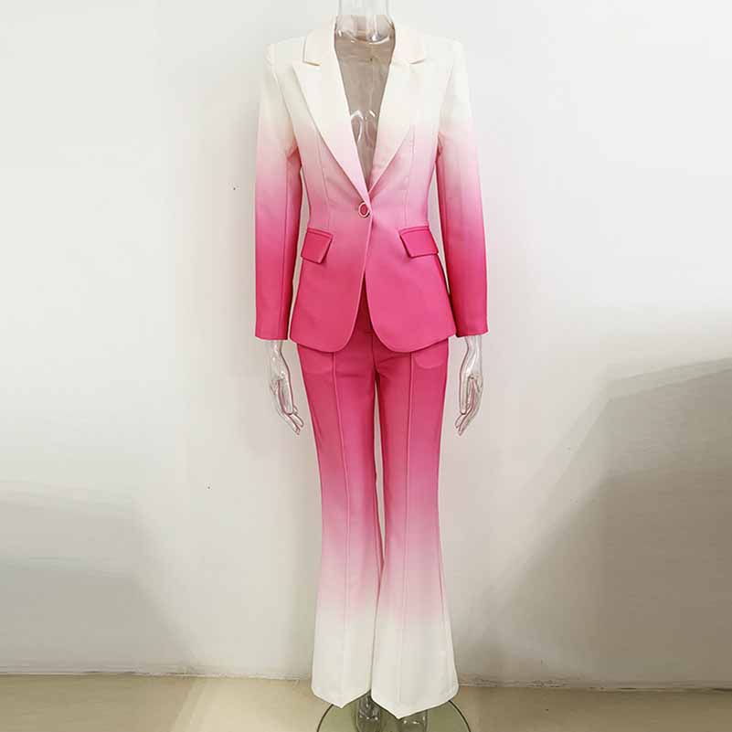 Women Luxury Gradient Ombre Blazer + Mid-High Rise Flare Trousers Suit Pants Suit