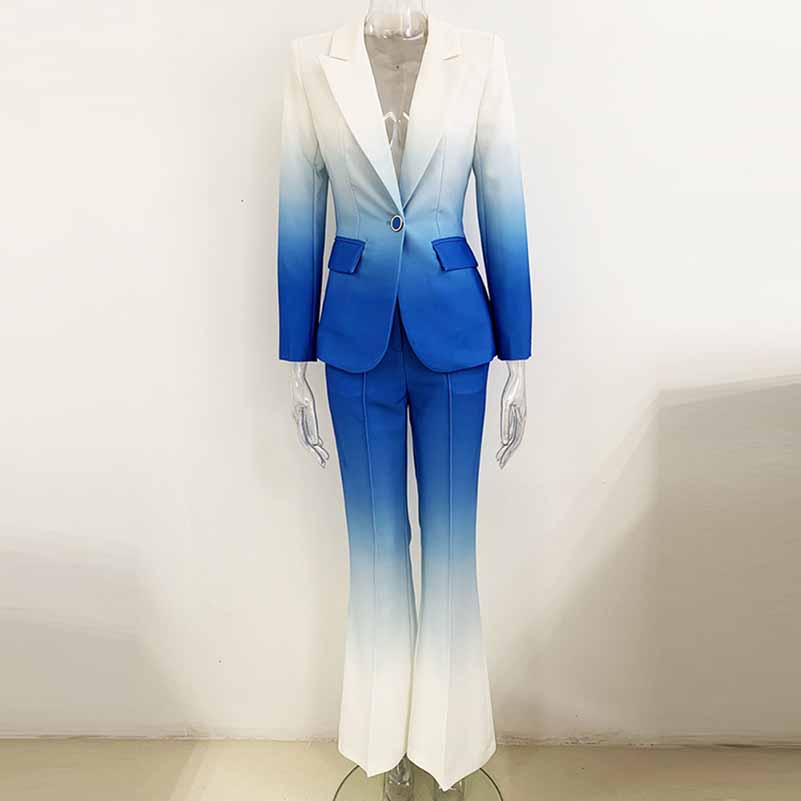 Women Luxury Gradient Ombre Blazer + Mid-High Rise Flare Trousers Suit Pants Suit