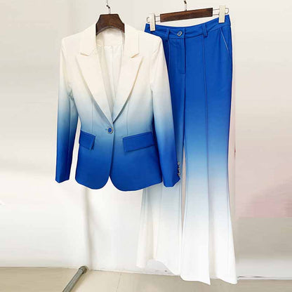 Women Luxury Gradient Ombre Blazer + Mid-High Rise Flare Trousers Suit Pants Suit