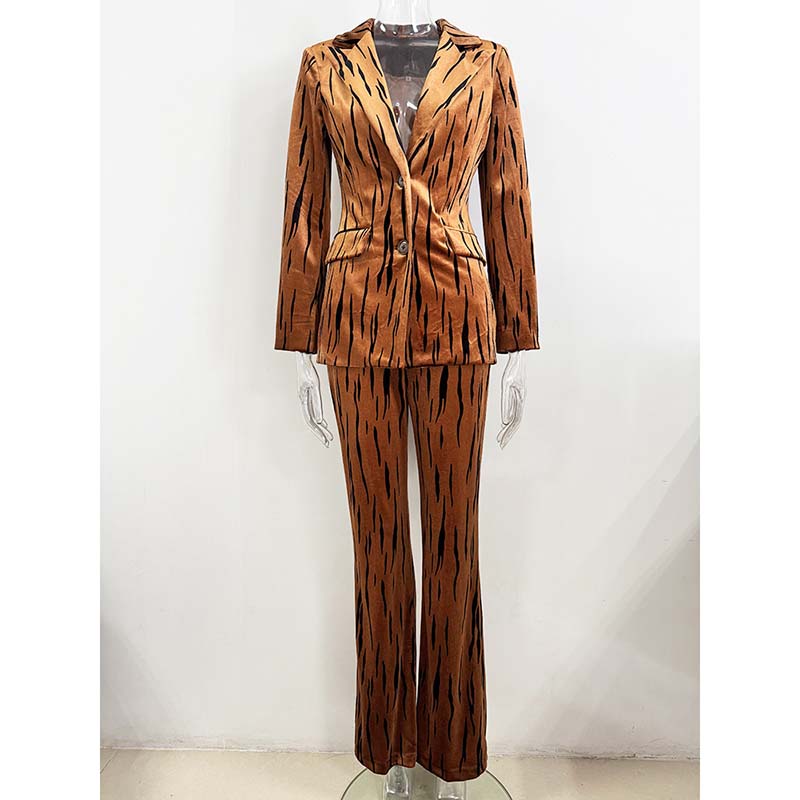 Stylish one button velvet pantsuit for women featuring a unique tiger print design