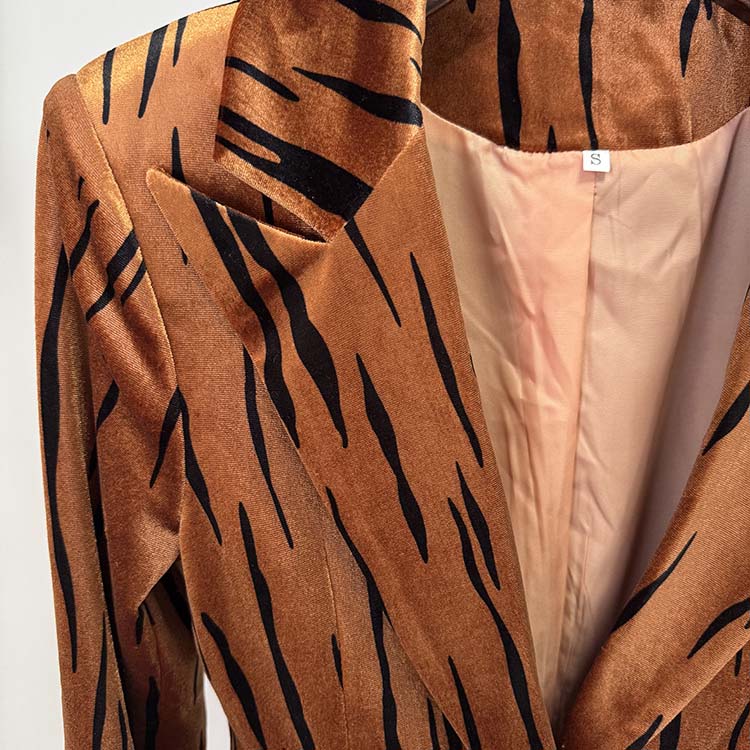 One button velvet pantsuit for women in a sleek brown and black tiger stripe pattern
