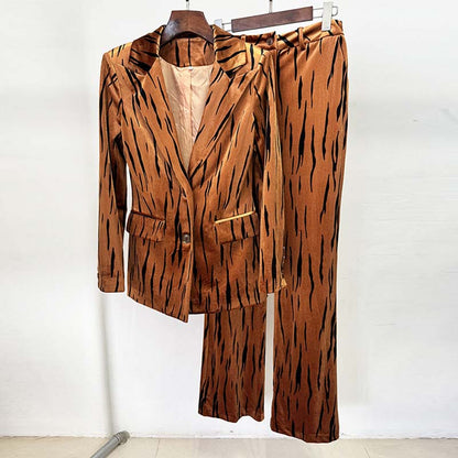 Stylish one button velvet pantsuit for women in a bold tiger print design, perfect for fashion-forward occasions
