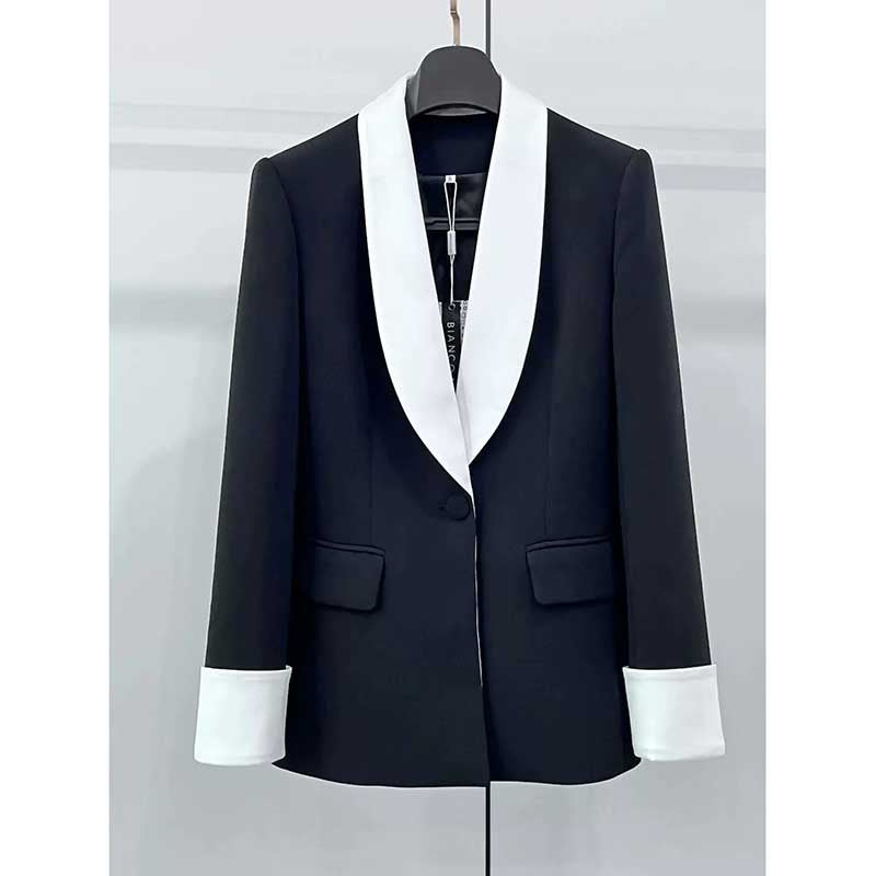 Elegant one button white collar blazer for women in black with contrasting white lapels