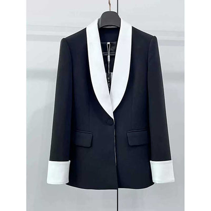 Elegant one button white collar blazer for women in black with contrasting white lapels