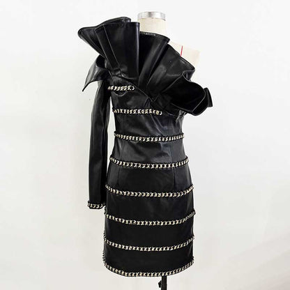 Stylish one shoulder faux leather mini dress with dramatic ruffle detailing and contrasting stripes
