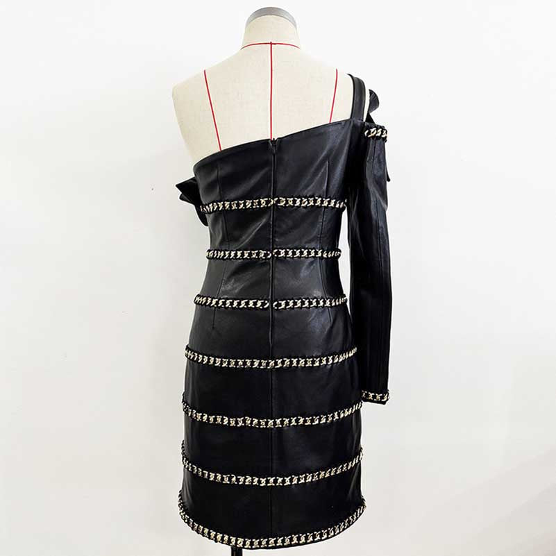 Back view of the one shoulder faux leather mini dress with chain detailing and stylish design