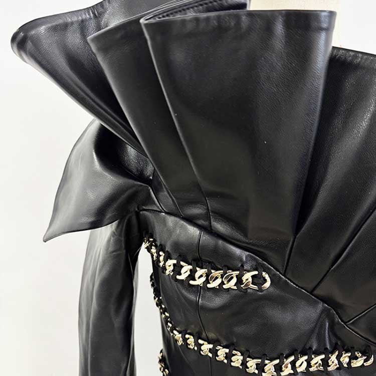 Stylish one shoulder faux leather mini dress with unique collar and chain detail for a bold fashion statement