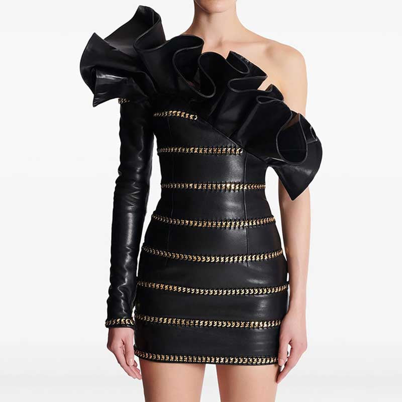 Stylish one shoulder faux leather mini dress with ruffled detailing and gold chain accents