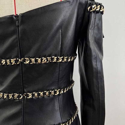 Stylish one shoulder faux leather mini dress with gold chain detailing for a chic look