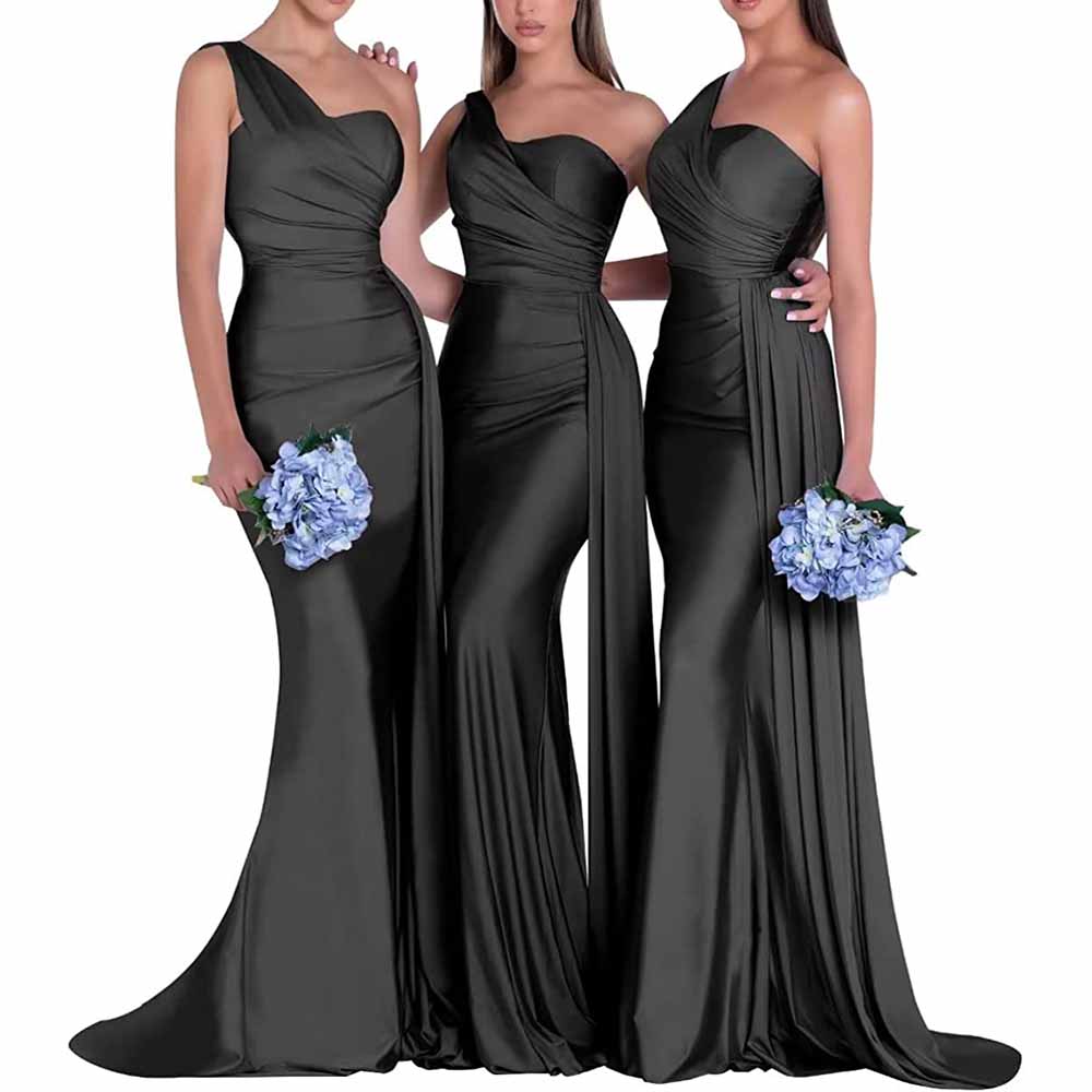 Elegant one shoulder satin bridesmaid dress in black, perfect for weddings and special occasions