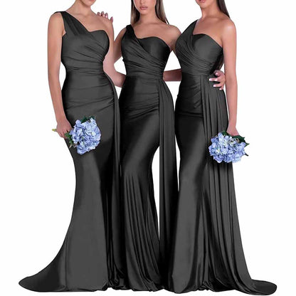 Elegant one shoulder satin bridesmaid dress in black, perfect for weddings and special occasions
