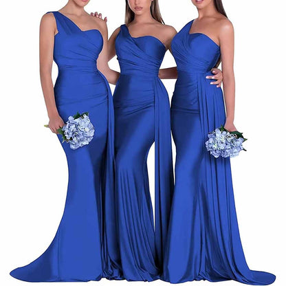 Three models in elegant blue one shoulder satin bridesmaid dress, perfect for wedding parties