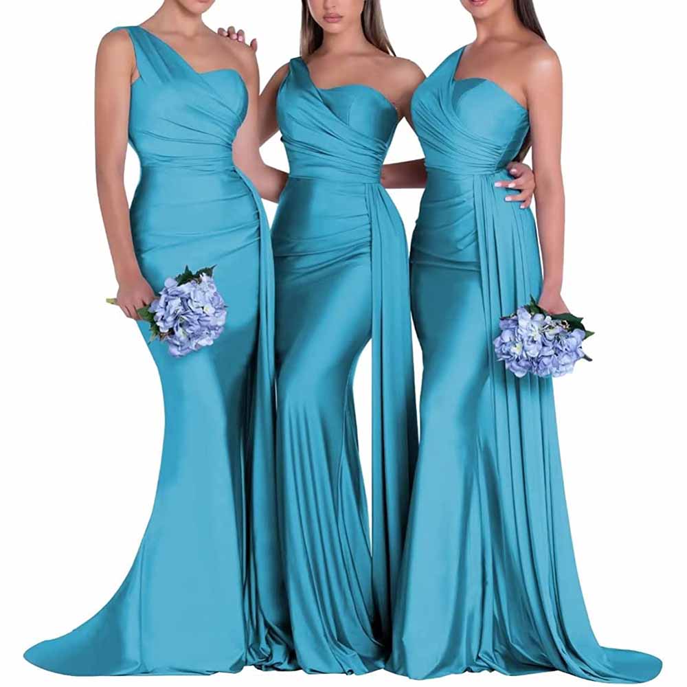 Three elegant one shoulder satin bridesmaid dresses in blue, featuring fitted silhouettes and flowing skirts