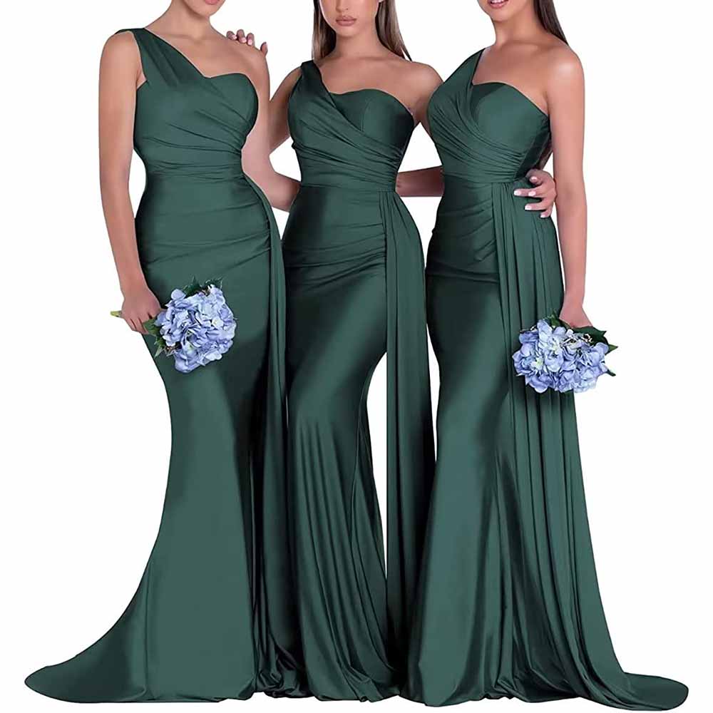 Three models showcasing a one shoulder satin bridesmaid dress in deep green, perfect for weddings