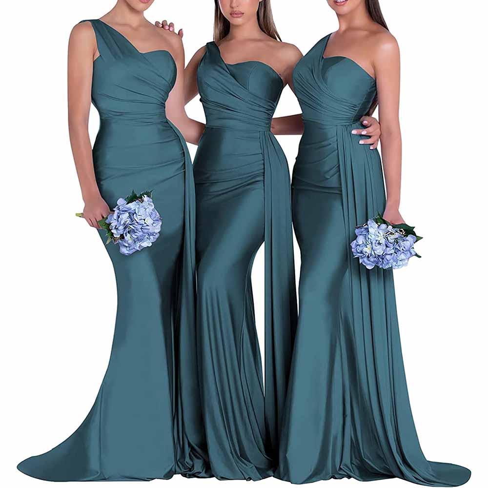 Three elegant models in a one shoulder satin bridesmaid dress, showcasing a sleek design in teal
