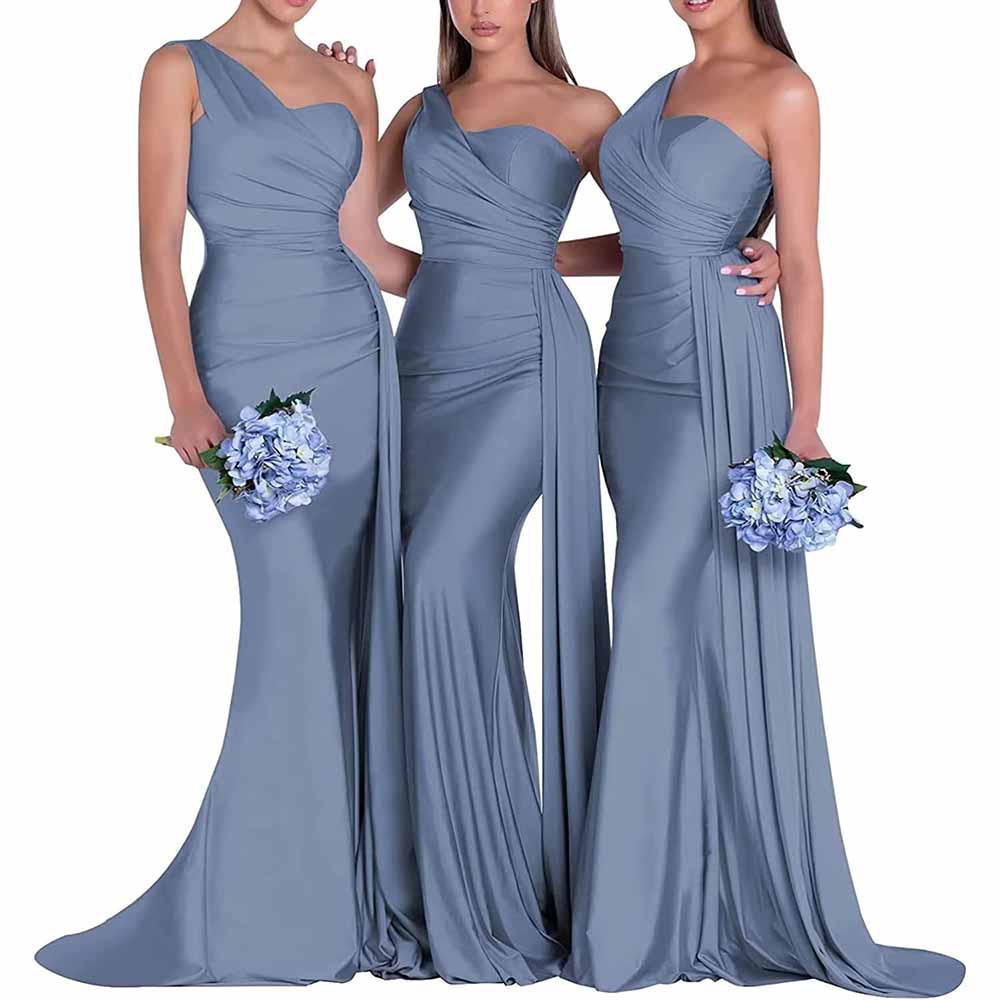 Three elegant models wearing one shoulder satin bridesmaid dress in soft blue with floral bouquets