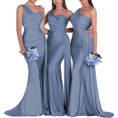 Three elegant models wearing one shoulder satin bridesmaid dress in soft blue with floral bouquets