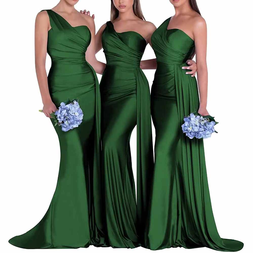 Three models in green one shoulder satin bridesmaid dress holding blue bouquets for elegant wedding styling