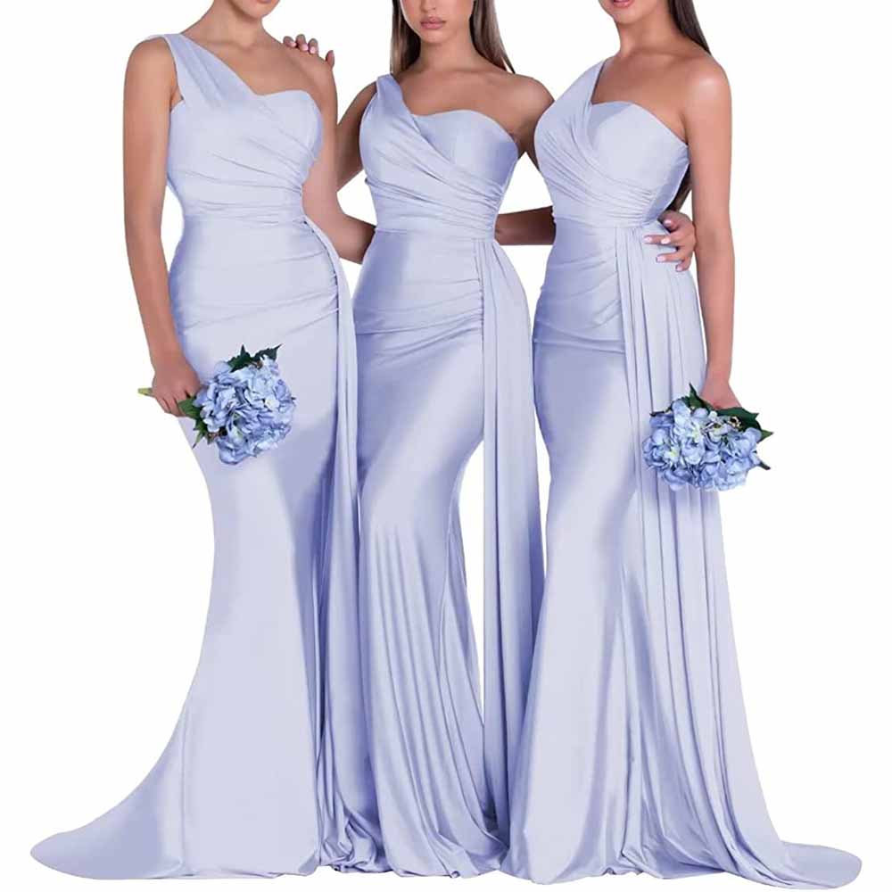Elegant one shoulder satin bridesmaid dress in light lavender with flattering draped detail