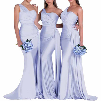 Elegant one shoulder satin bridesmaid dress in light lavender with flattering draped detail