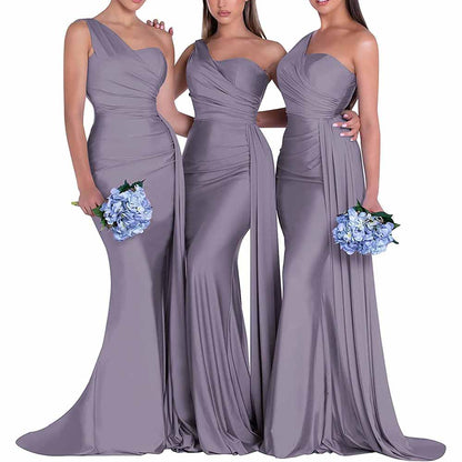 One shoulder satin bridesmaid dress in lavender with elegant draping and flowing design