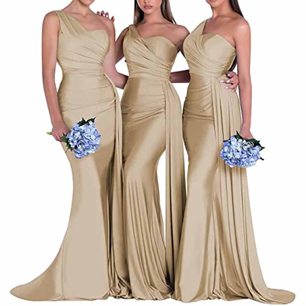 One shoulder satin bridesmaid dress in beige with elegant draping and fitted silhouette