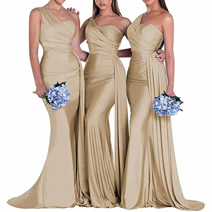One shoulder satin bridesmaid dress in beige with elegant draping and fitted silhouette