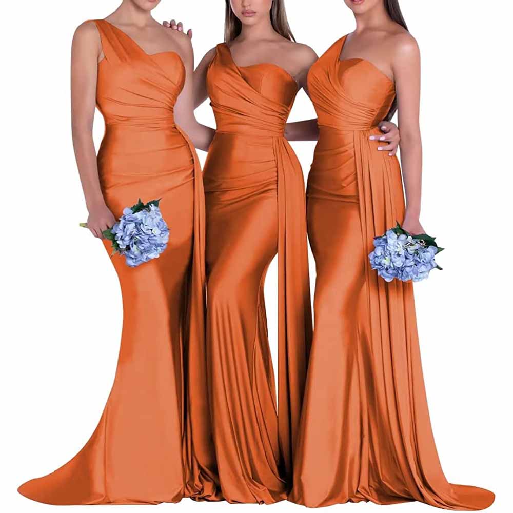 Three elegant one shoulder satin bridesmaid dresses in orange, perfect for weddings and formal events