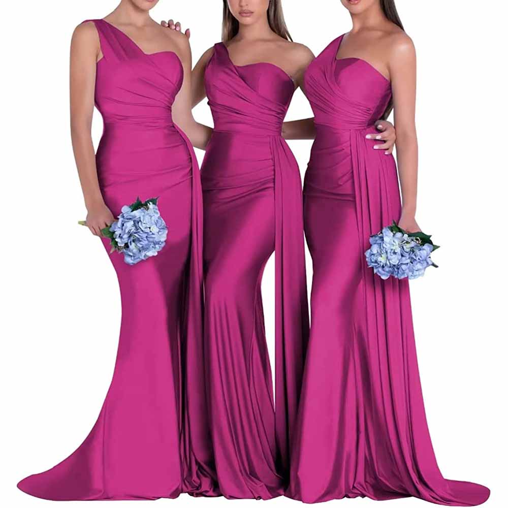 Three models in one shoulder satin bridesmaid dresses in vibrant fuchsia with elegant draping