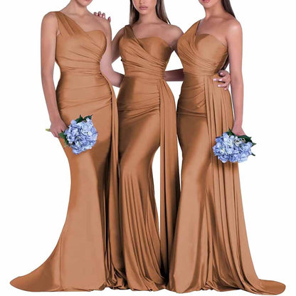 Three models in one shoulder satin bridesmaid dress showcasing elegant styles and flowing fabric
