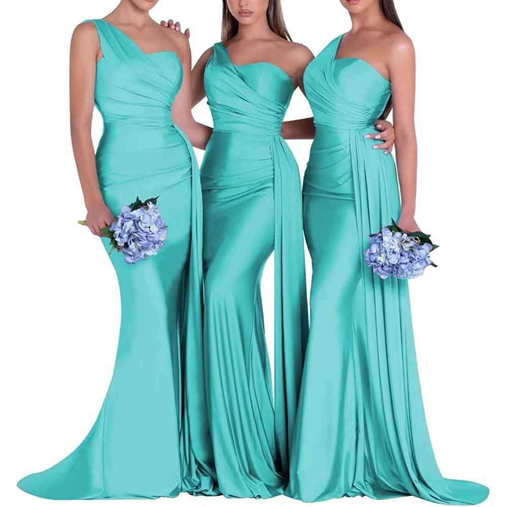 Three models in one shoulder satin bridesmaid dress in turquoise, showcasing elegant draping and fitted silhouette