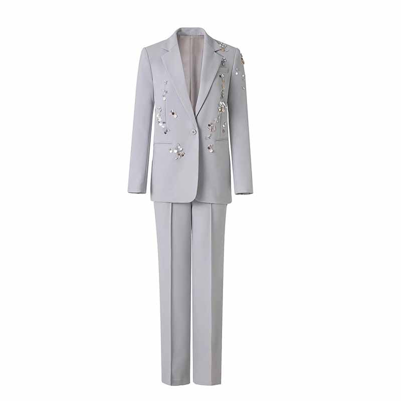 One Button Beaded Pantsuit – Women's Business Suit for Office & Evening