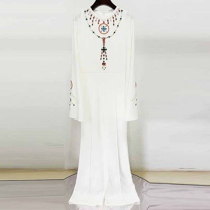 Trumpet Sleeved Jumpsuit White Heavy-duty Diamond Studded Jumpsuit Beaded One Piece Suit