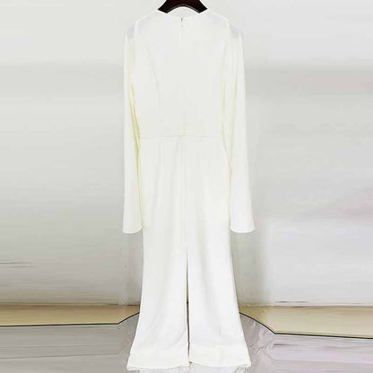 Trumpet Sleeved Jumpsuit White Heavy-duty Diamond Studded Jumpsuit Beaded One Piece Suit
