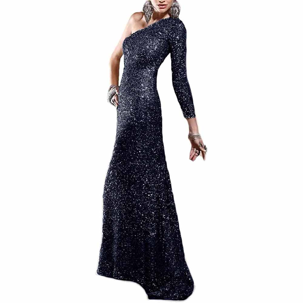 One Shoulder Sequin Prom Dresses Long Mermaid Sweep Train Formal Evening Gowns with Slit