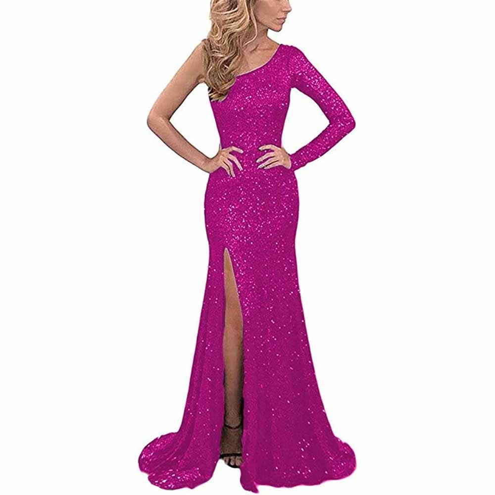 One Shoulder Sequin Prom Dresses Long Mermaid Sweep Train Formal Evening Gowns with Slit