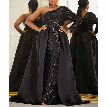 Pus Size One Shoulder Sequined Prom Dress