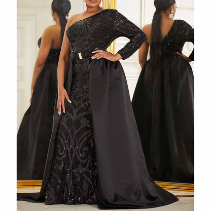 Pus Size One Shoulder Sequined Prom Dress